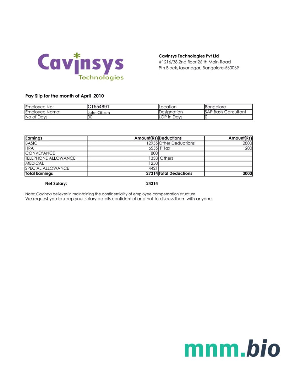 Indie CAVINSYS Technologies Pvt Ltd odcinek wypłaty w formatach Word i PDF
